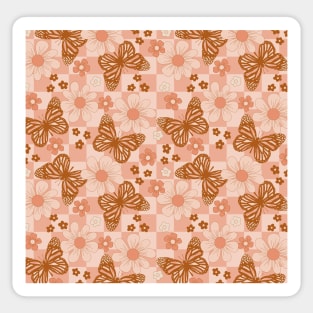 Groovy Pink Butterfly Floral Checkered Sticker